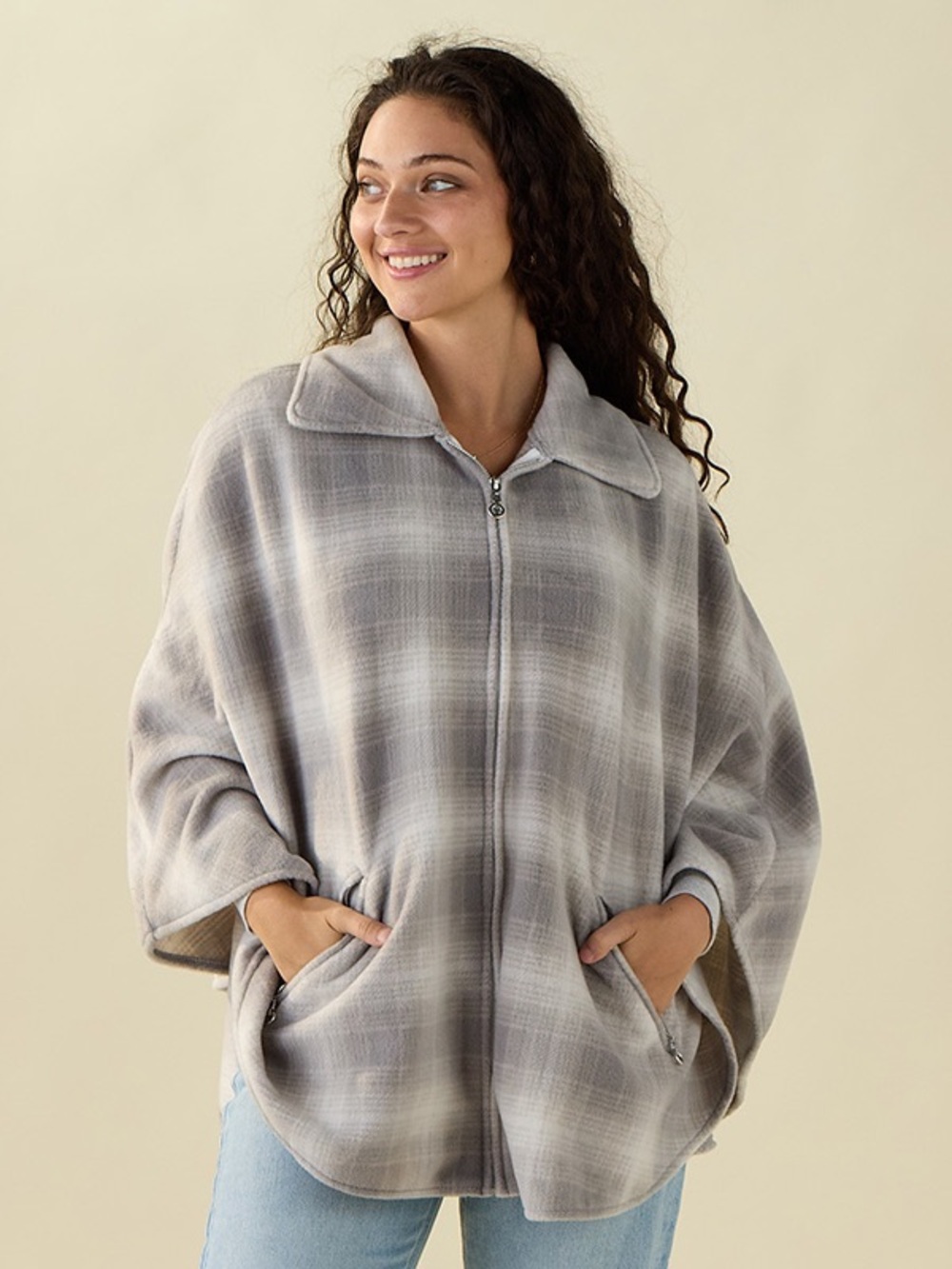 Le Moda Gray Plaid Zip-Front Women's poncho Coat